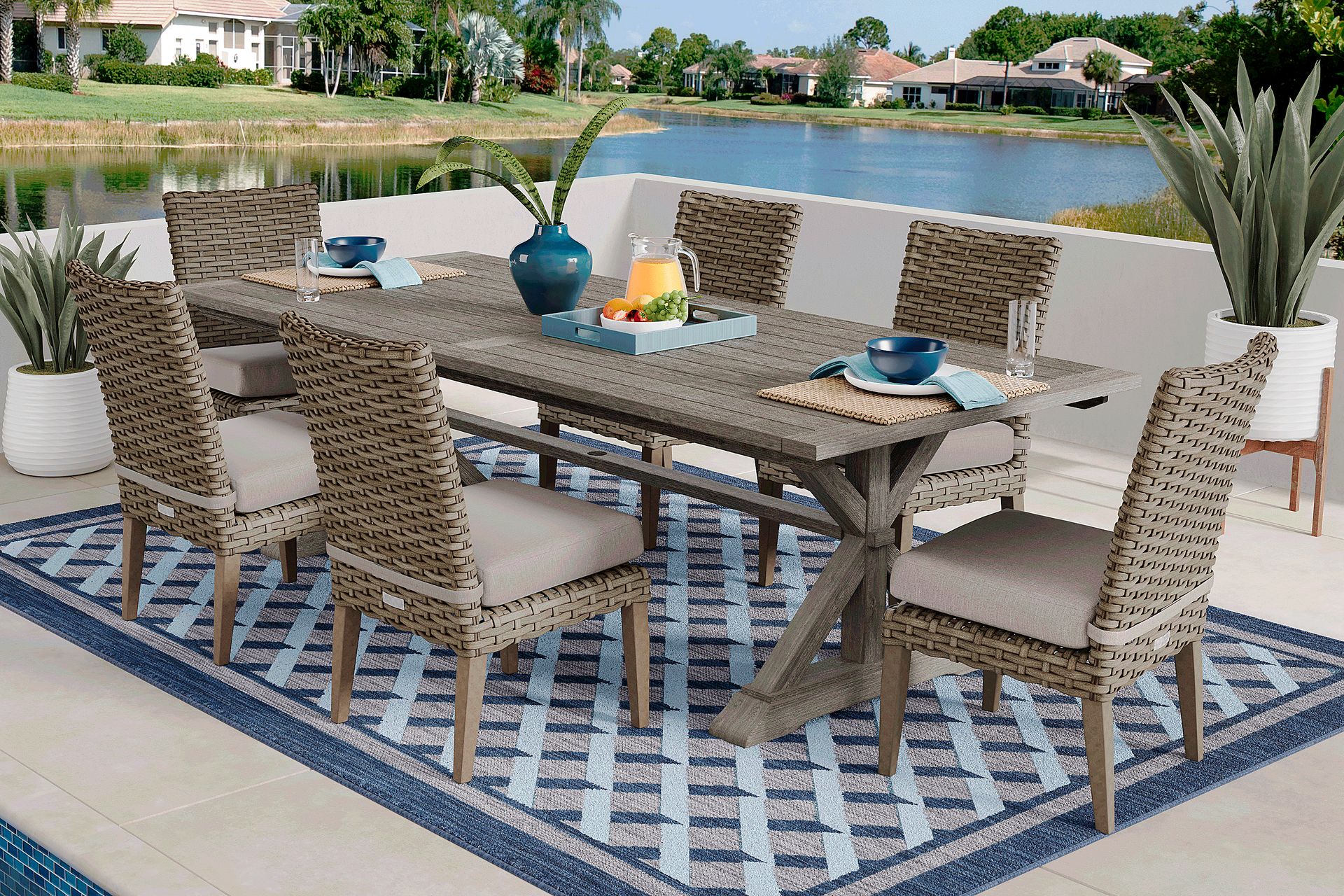 Siesta Key Gray 7 Pc Rectangle Outdoor Dining Set with Twine Cushions - Image 1