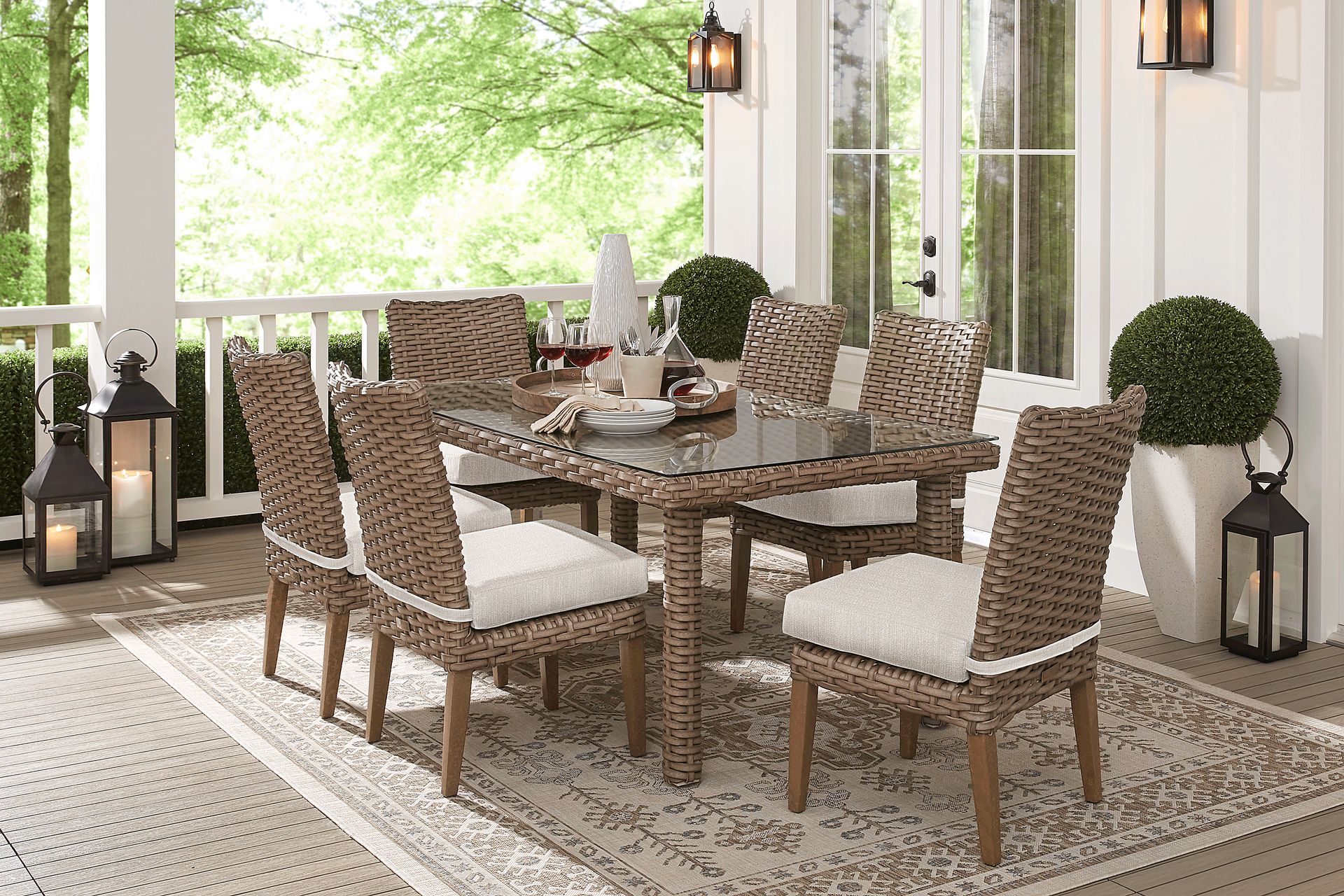 Siesta Key Driftwood 7 Pc 72 in. Rectangle Outdoor Dining Set with Twine Cushions - Image 1
