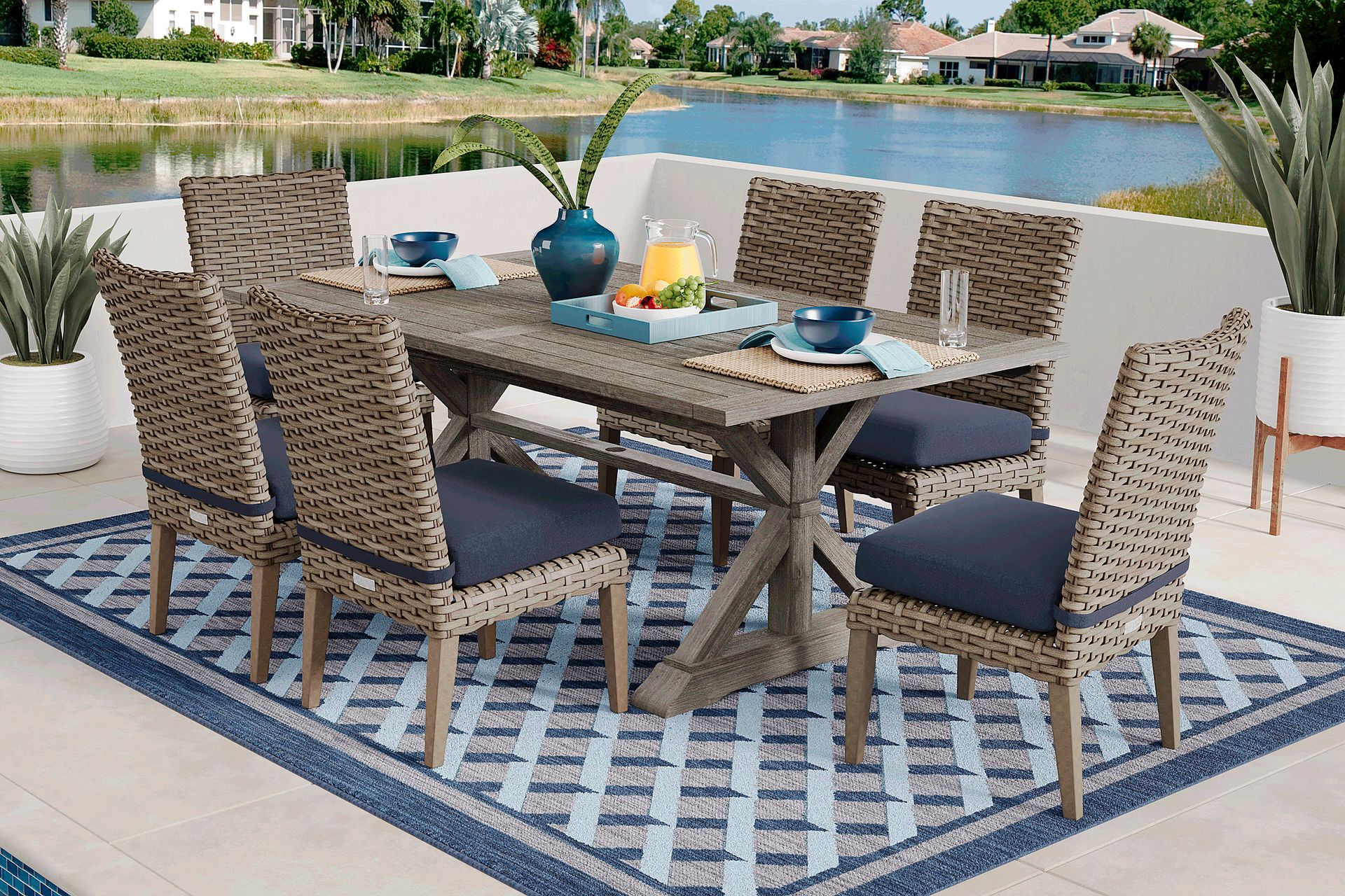 Siesta Key Gray 7 Pc Rectangle Outdoor Dining Set with Indigo Cushions - Image 1