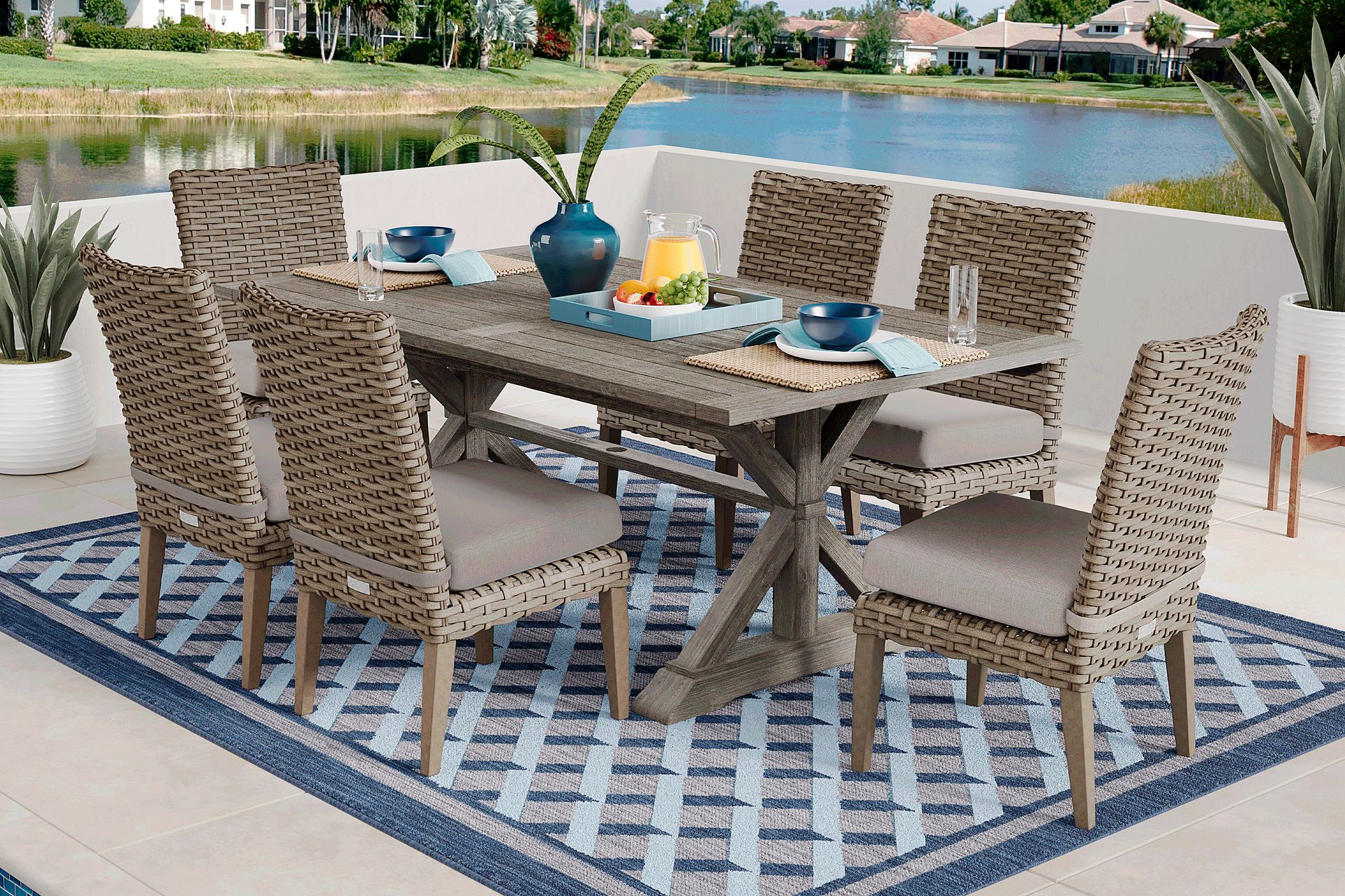 Siesta Key Gray 7 Pc Rectangle Outdoor Dining Set with Twine Cushions - Image 1