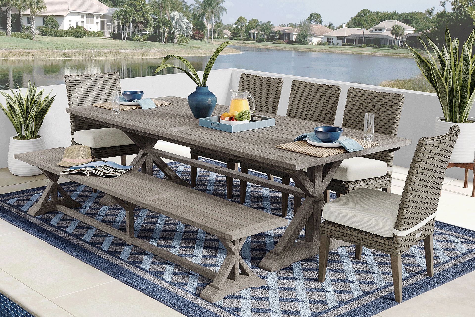 Siesta Key Gray 7 Pc Outdoor Dining Set with Desert Cushions and Bench - Image 1