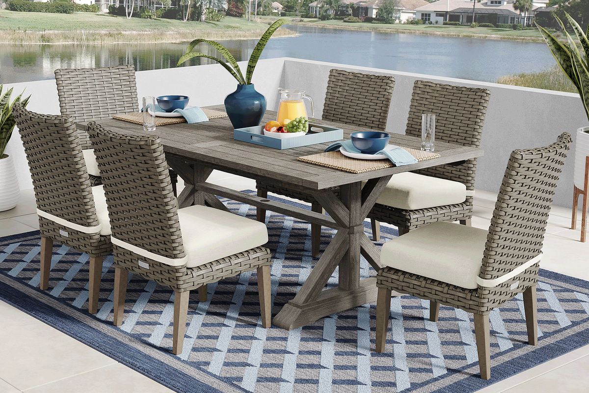 Siesta Key 7 Pc Gray Desert Yellow Wood Outdoor Dining Set With 76 In ...