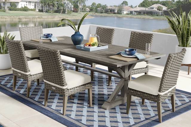 Siesta Key Gray 7 Pc Outdoor Dining Set with Desert Cushions - Thumbnail - Image 1