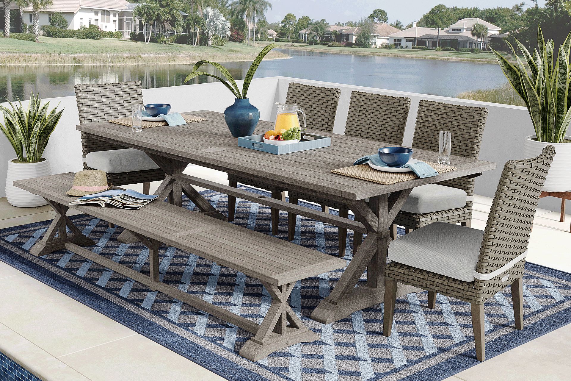 Siesta Key Gray 7 Pc Outdoor Dining Set with Dove Cushions and Bench - Image 1
