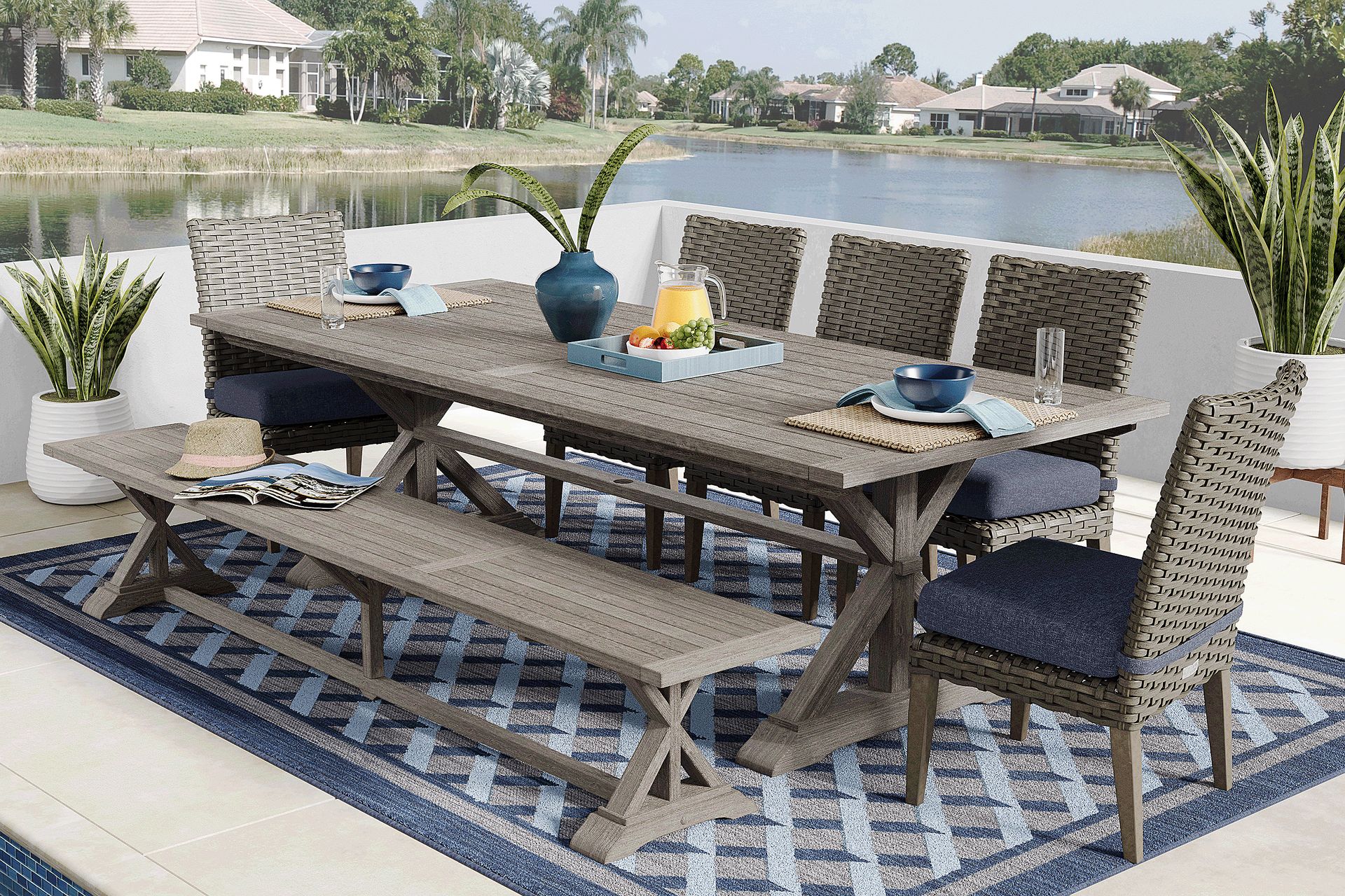 Siesta Key Gray 7 Pc Outdoor Dining Set with Ink Cushions and Bench - Image 1