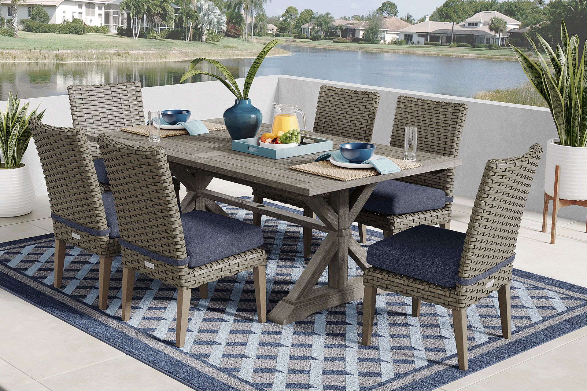 Siesta Key Gray 7 Pc Outdoor Dining Set with Ink Cushions - Image 1