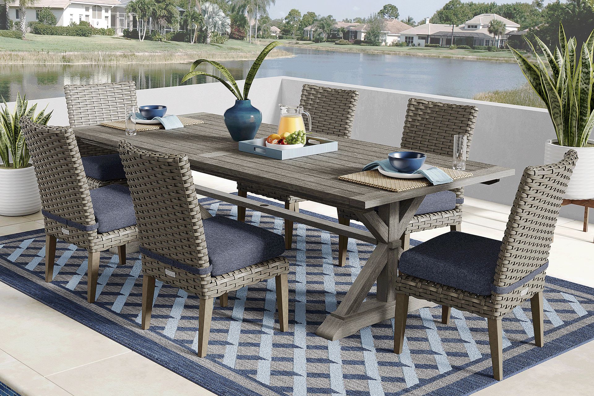 Siesta Key Gray 7 Pc Outdoor Dining Set with Ink Cushions - Image 1