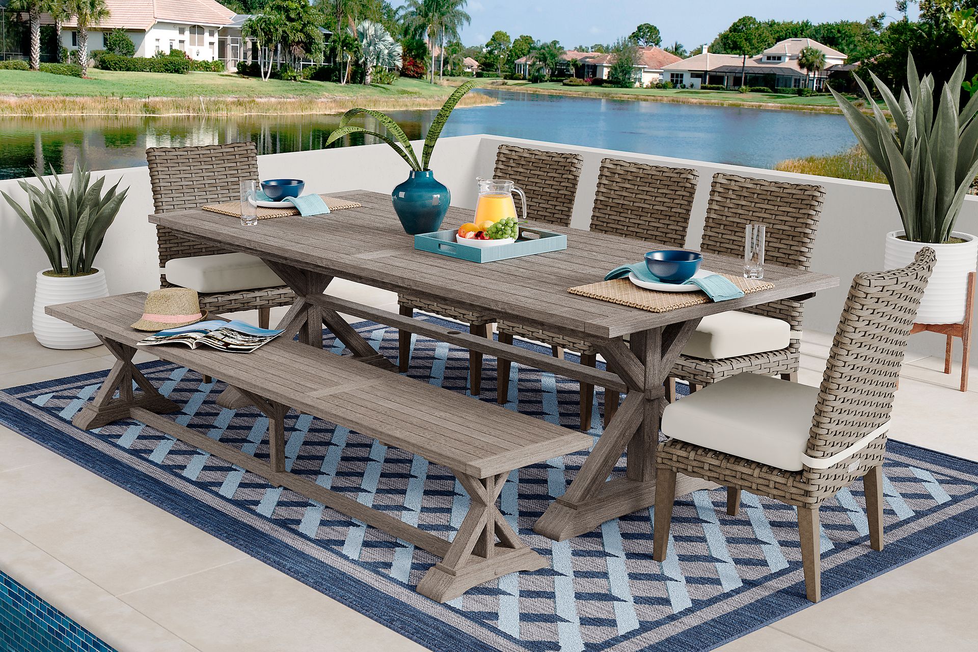 Siesta Key Gray 7 Pc Rectangle Outdoor Dining Set with Linen Cushions and Bench - Image 1