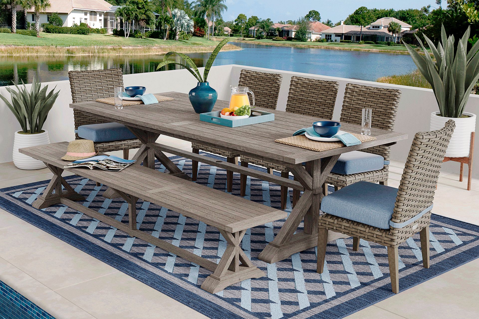 Siesta Key Gray 7 Pc Rectangle Outdoor Dining Set with Steel Cushions and Bench - Image 1
