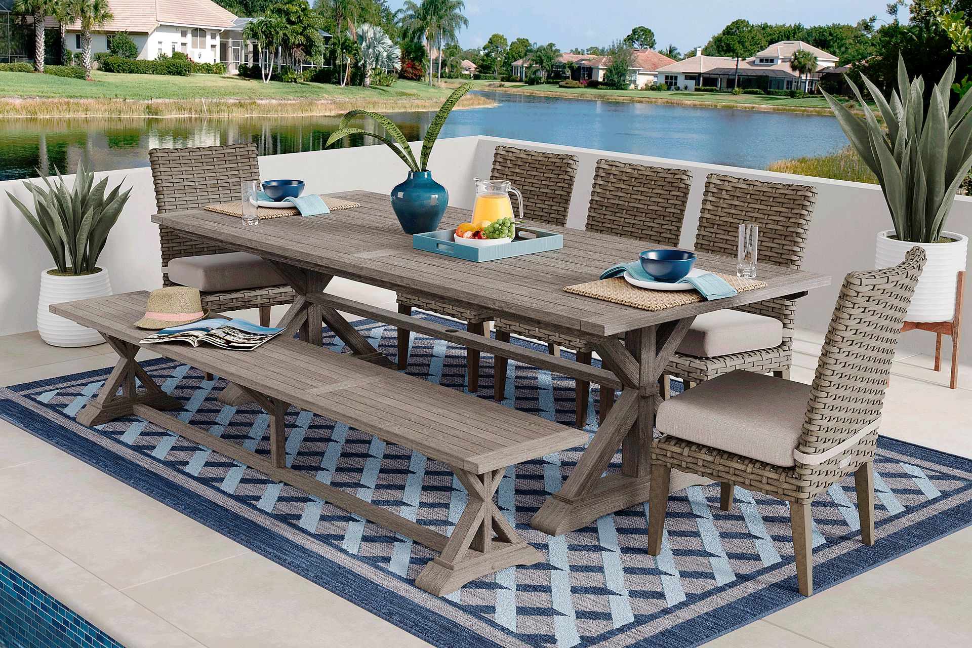 Siesta Key Gray 7 Pc Rectangle Outdoor Dining Set with Twine Cushions and Bench - Image 1