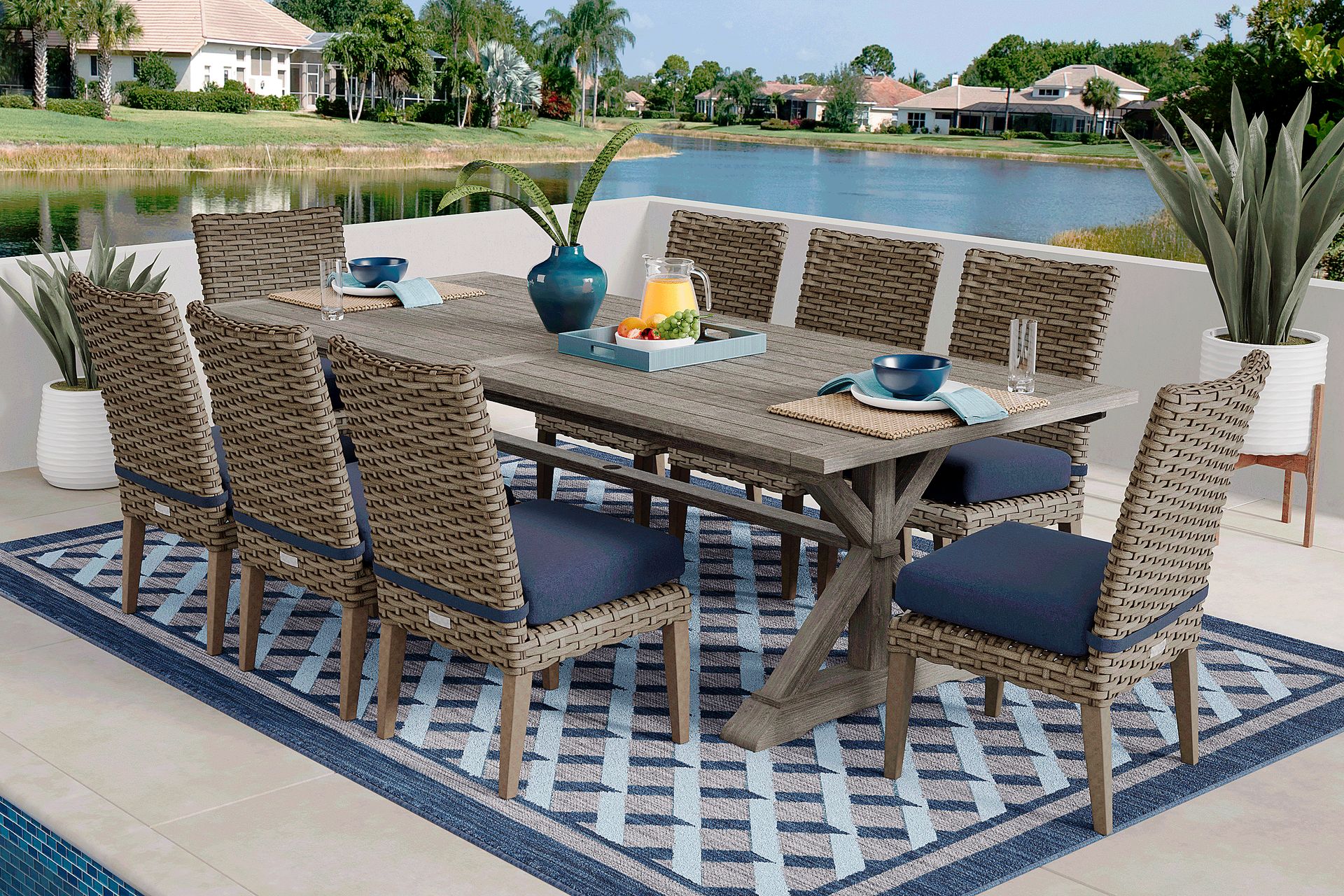 Siesta Key Gray 9 Pc Rectangle Outdoor Dining Set with Indigo Cushions - Image 1