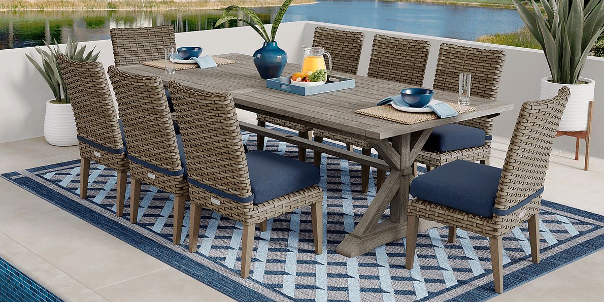 Siesta Key 9 Pc Gray Indigo Blue Wood Outdoor Dining Set With Dining