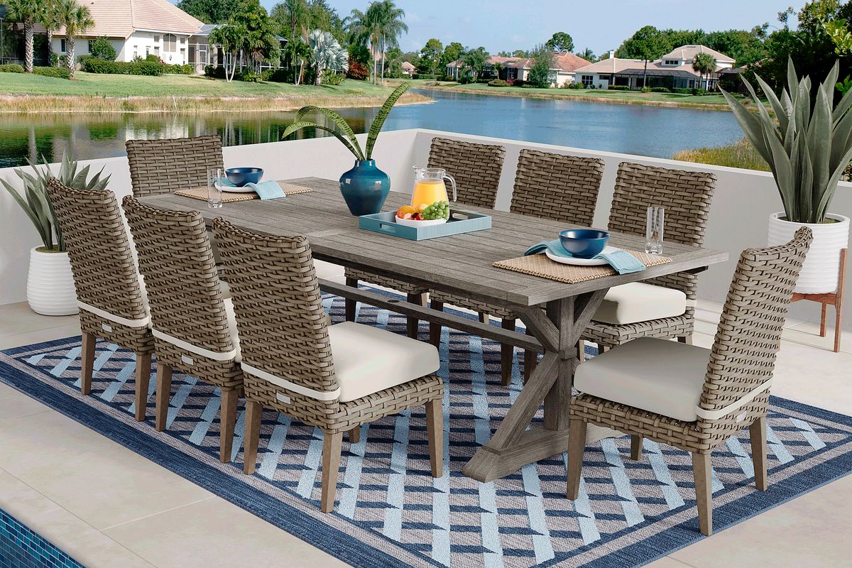 Siesta Key 9 Pc Gray Linen Beige Wood Outdoor Dining Set With 102 In ...