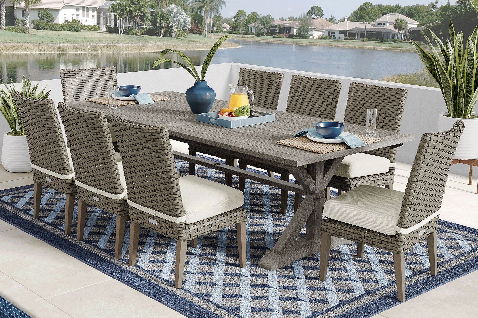 Siesta Key Gray 9 Pc Outdoor Dining Set with Desert Cushions - Image 1
