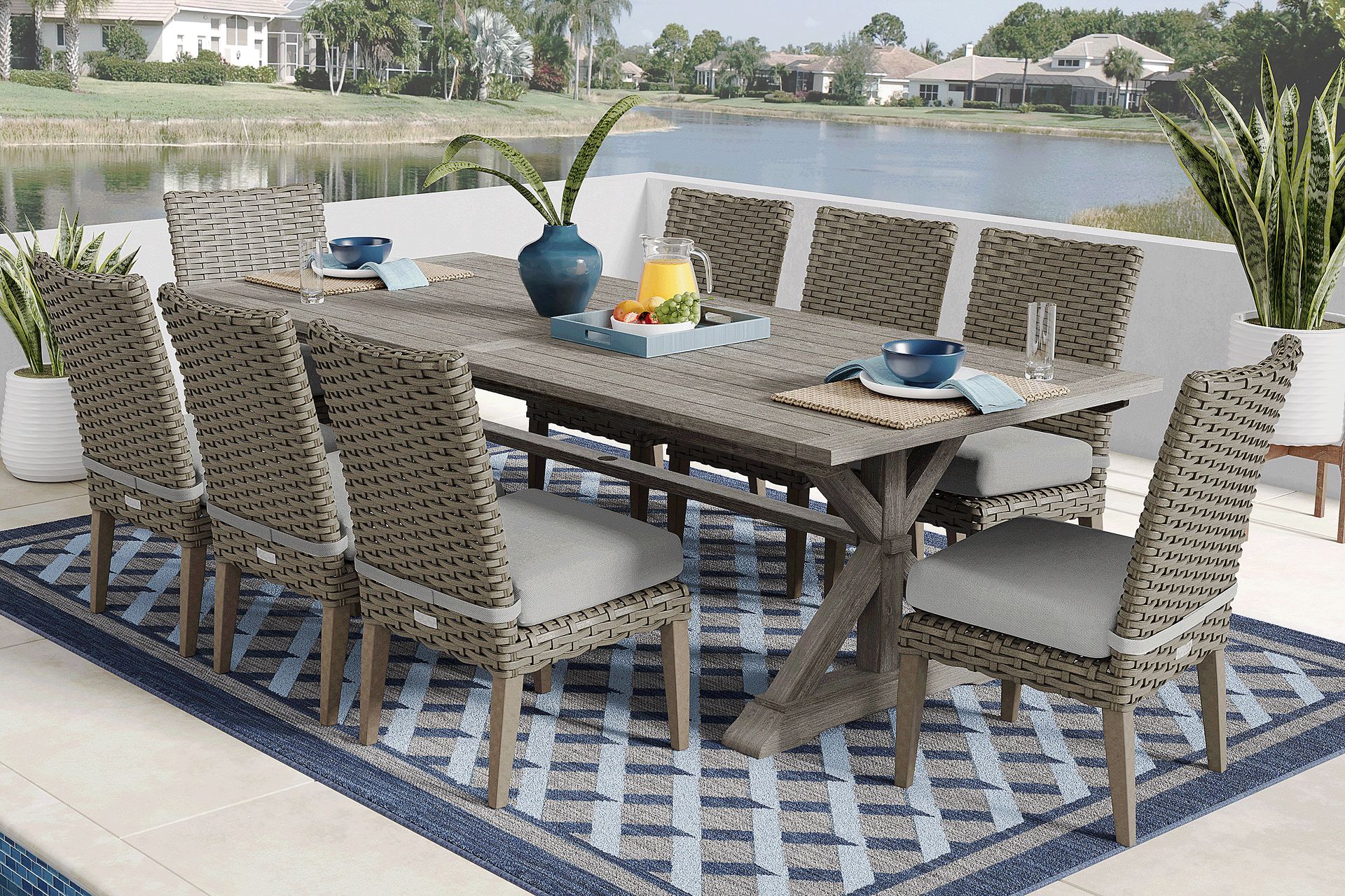 Siesta Key Gray 9 Pc Outdoor Dining Set with Dove Cushions - Image 1