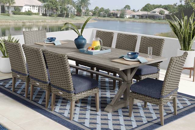 Siesta Key Gray 9 Pc Outdoor Dining Set with Ink Cushions - Thumbnail - Image 1
