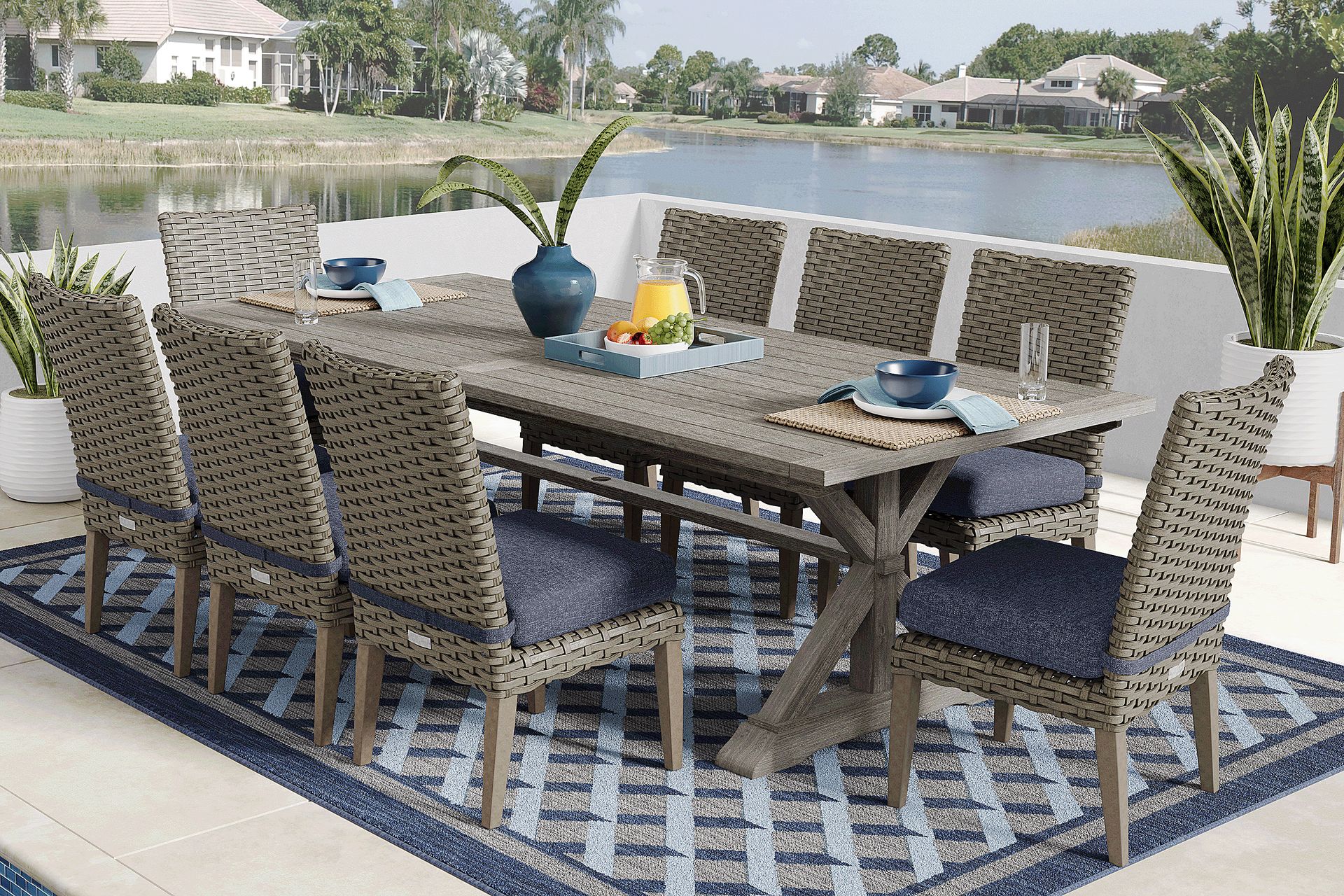 Siesta Key Gray 9 Pc Outdoor Dining Set with Ink Cushions - Image 1