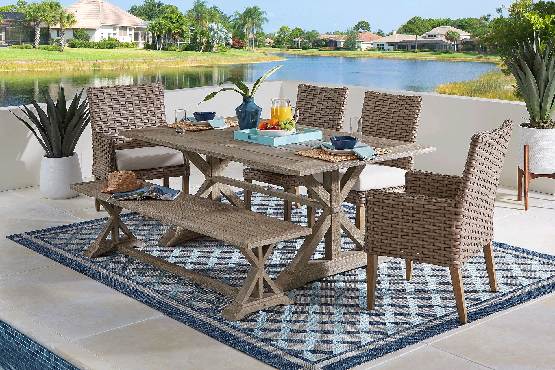Siesta Key Light Wood 6 Pc 76 in. Rectangle Outdoor Dining Set with Linen Cushions - Image 1