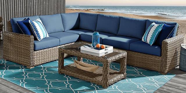 Siesta Key Driftwood 5 Pc Outdoor Seating Set with Indigo Cushions - Thumbnail - Image 1