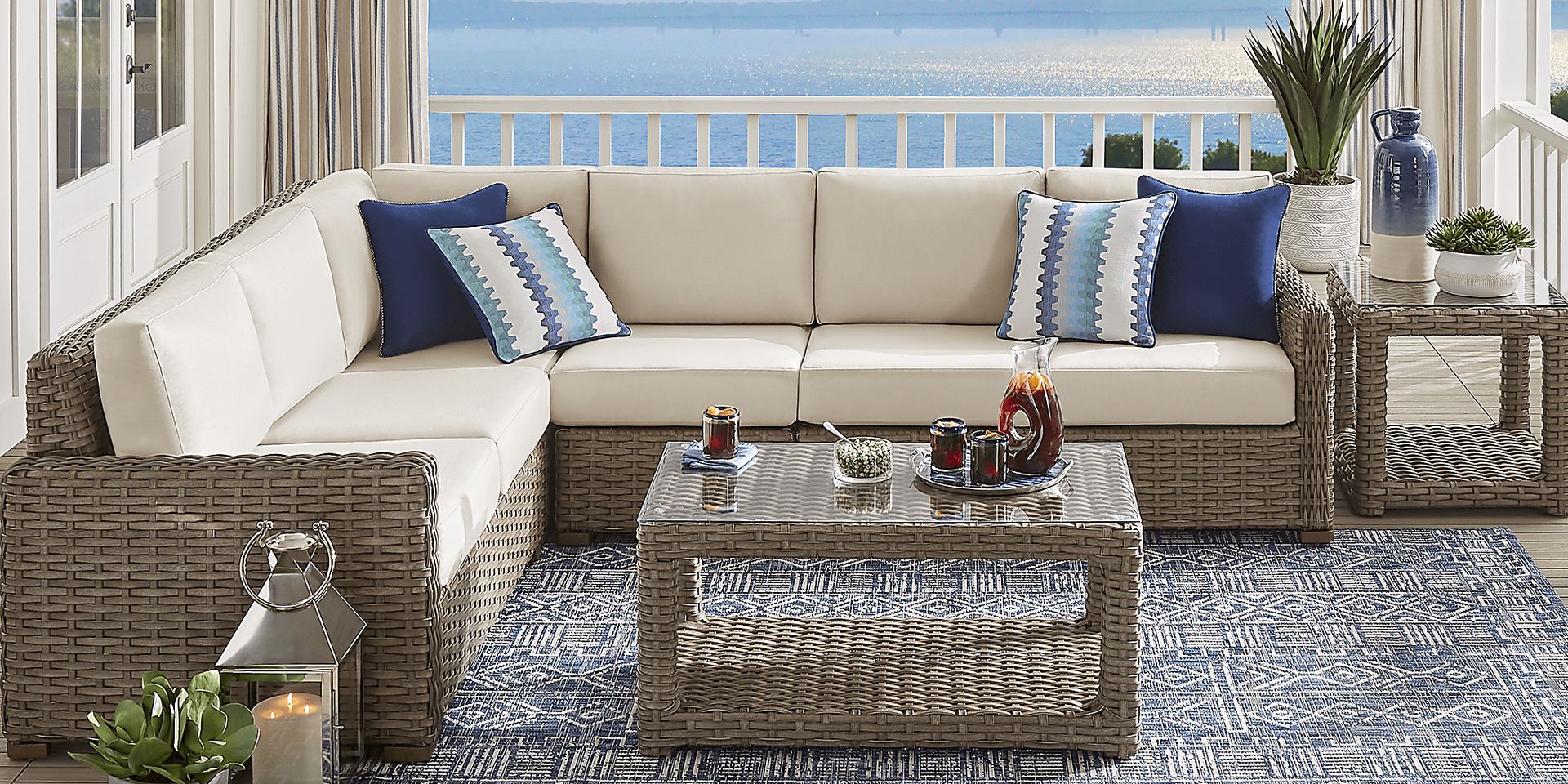 Siesta Key Driftwood 5 Pc Outdoor Seating Set with Linen Cushions - Image 1