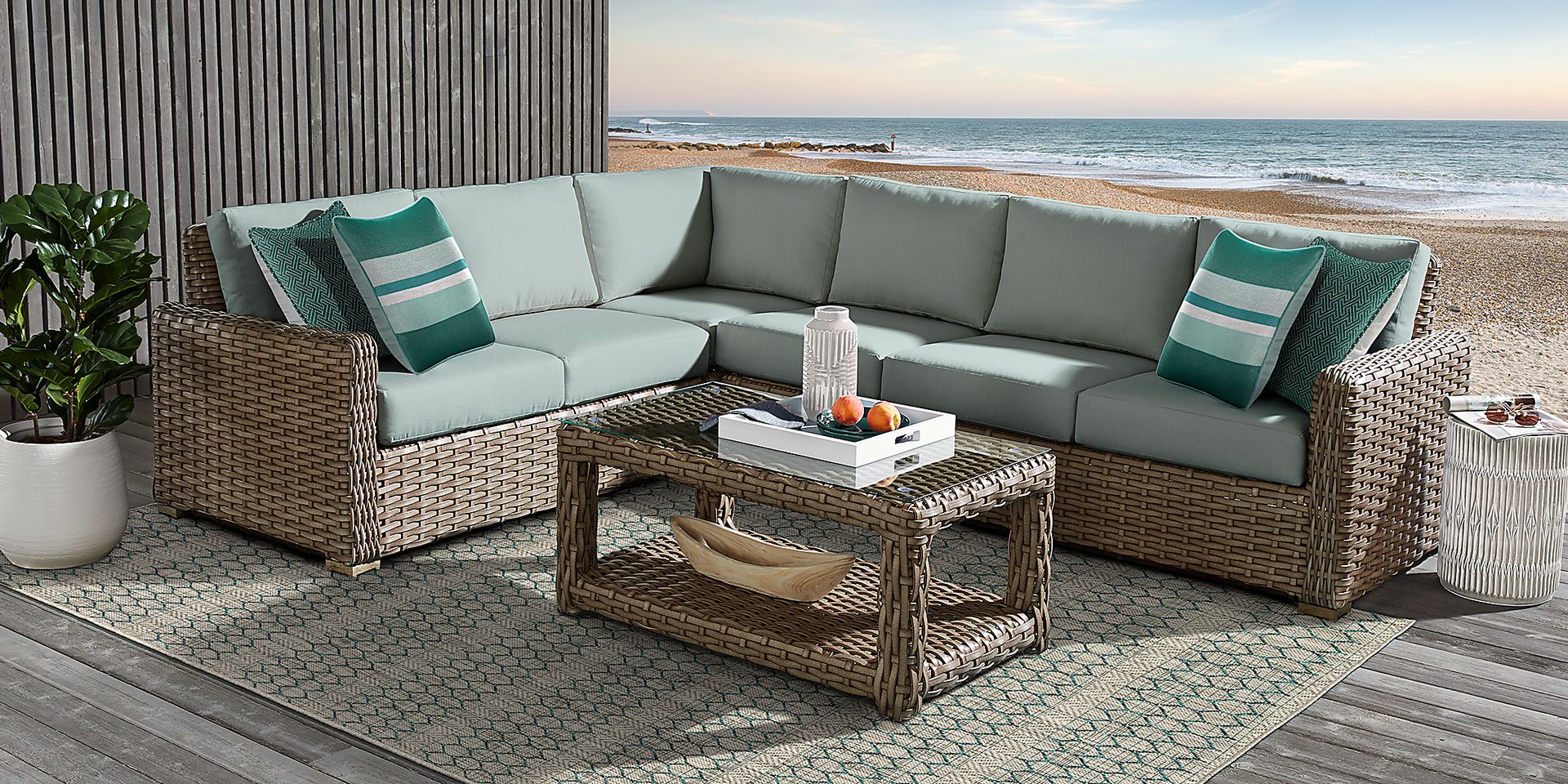 Siesta Key Driftwood 5 Pc Outdoor Seating Set with Moss Cushions - Image 1