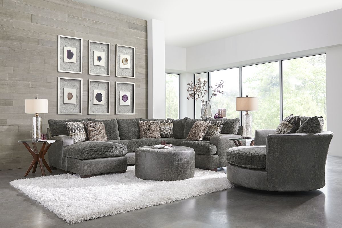 Skyline Park 5 Pc Gray Textured Living Room Set With 2 Pc Left Arm Chaise Sectional Cocktail Ottoman End Table Lamp