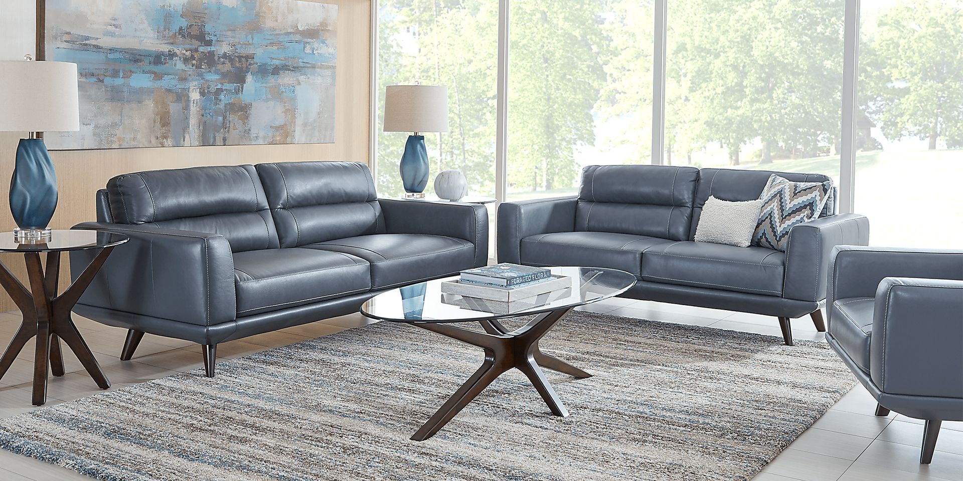 Capistrano Blue Leather 7 Pc Living Room - Image 1