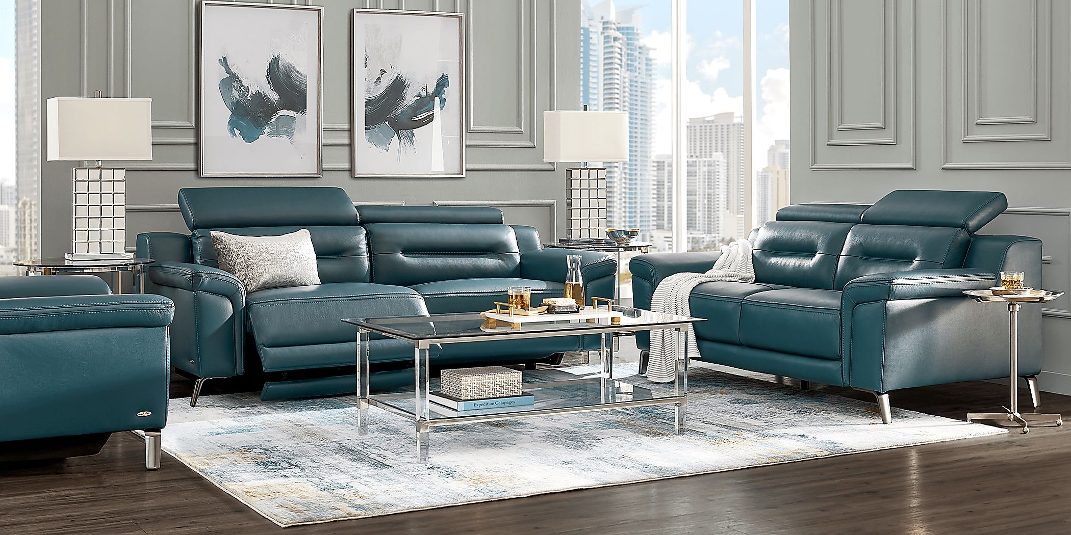 Castella Teal Leather 3 Pc Dual Power Reclining Living Room