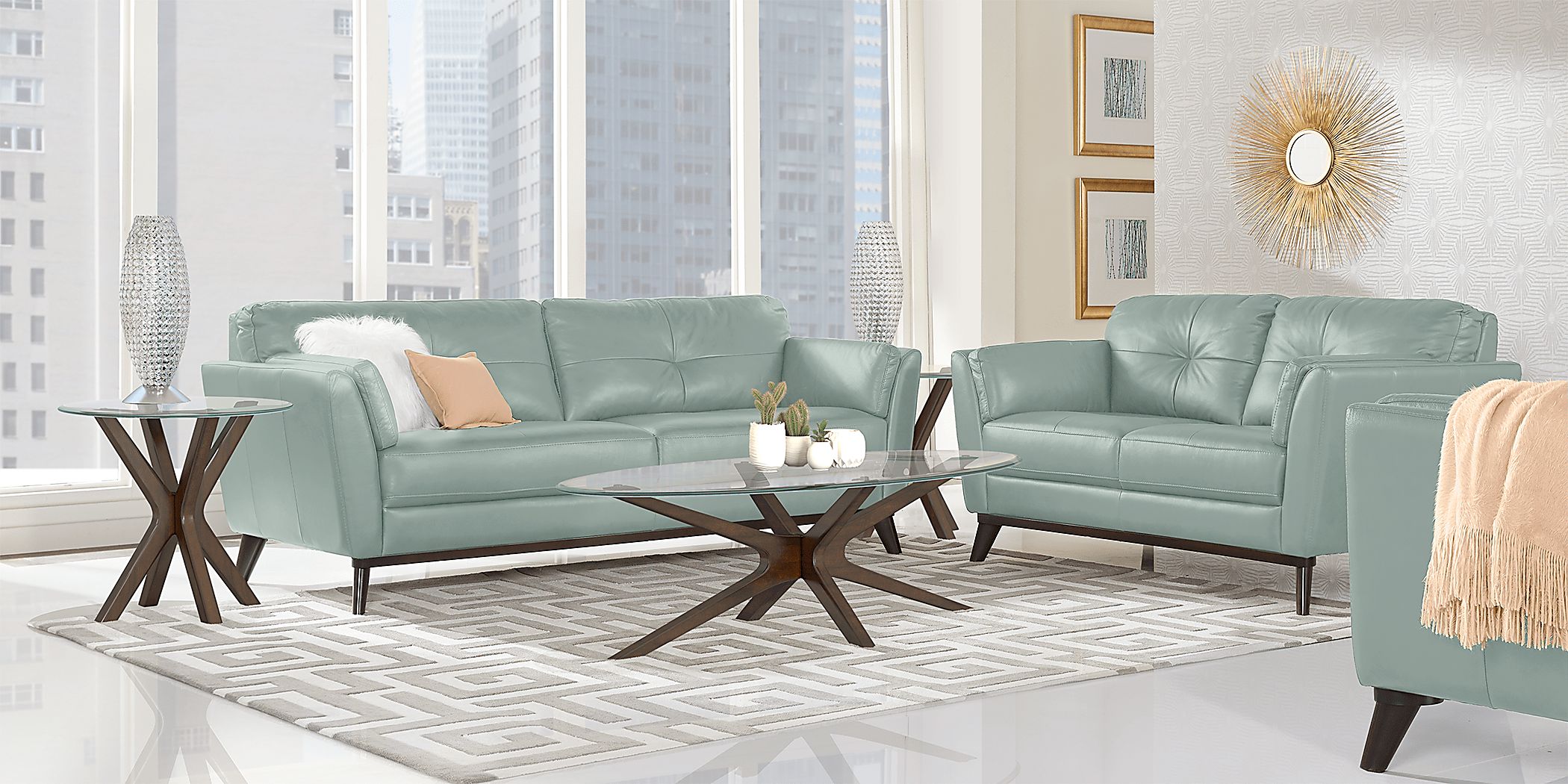 Sofia Vergara Gabriele 5 Pc Spa Blue Leather Living Room Set With