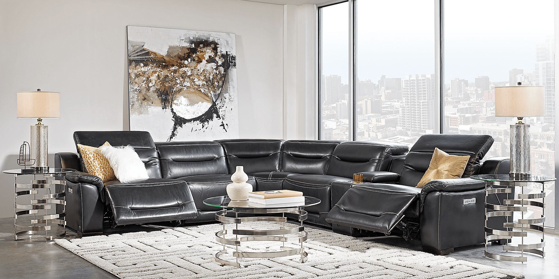 Gallia Black Leather 6 Pc Dual Power Reclining Sectional - Image 2