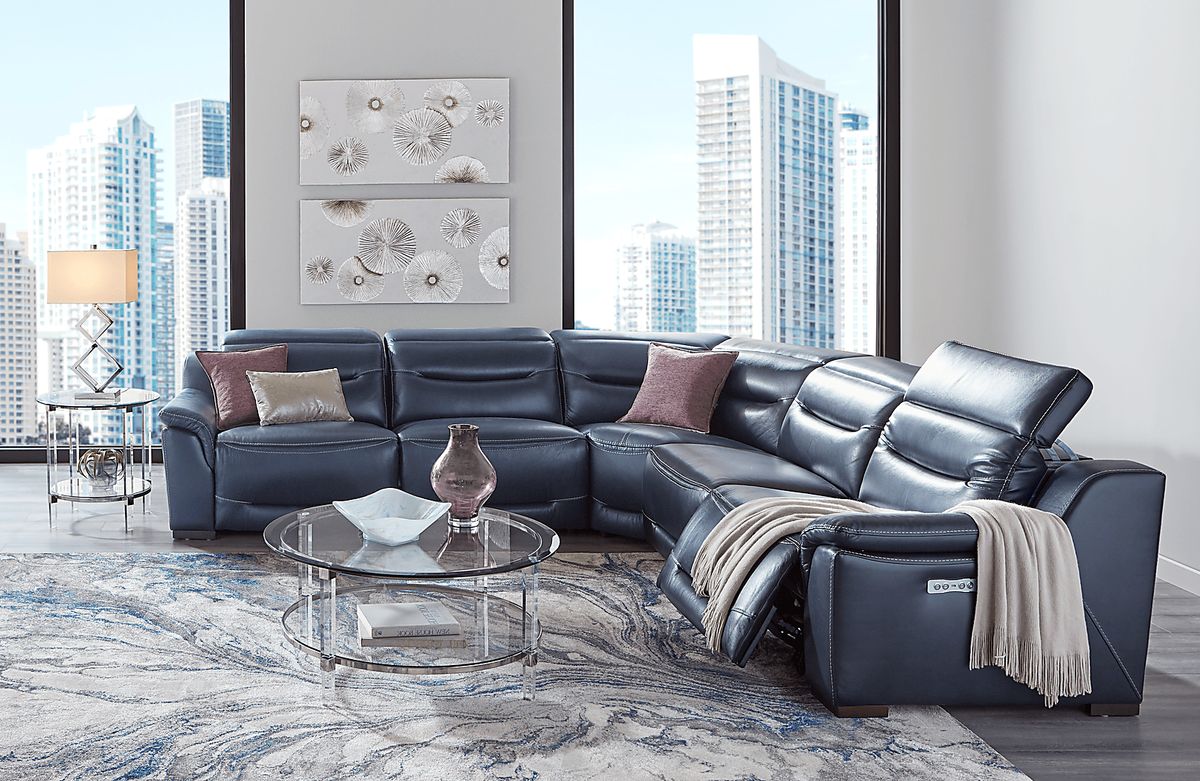 Sofia Vergara Gallia Way Navy Blue Leather 5 Pc Dual Power Reclining