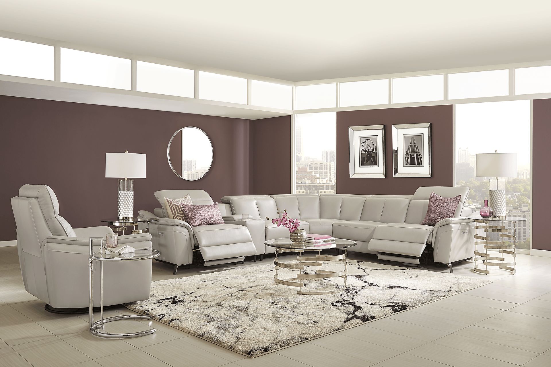 Naples Light Gray Leather 6 Pc Dual Power Reclining Sectional - Image 2