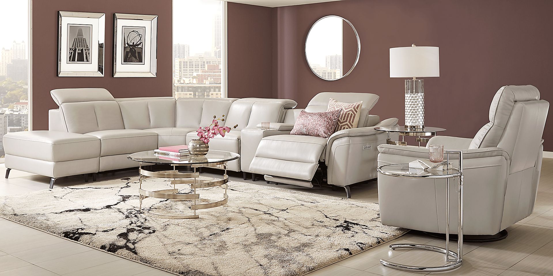 Naples Light Gray Leather 9 Pc Dual Power Reclining Sectional Living Room - Image 1