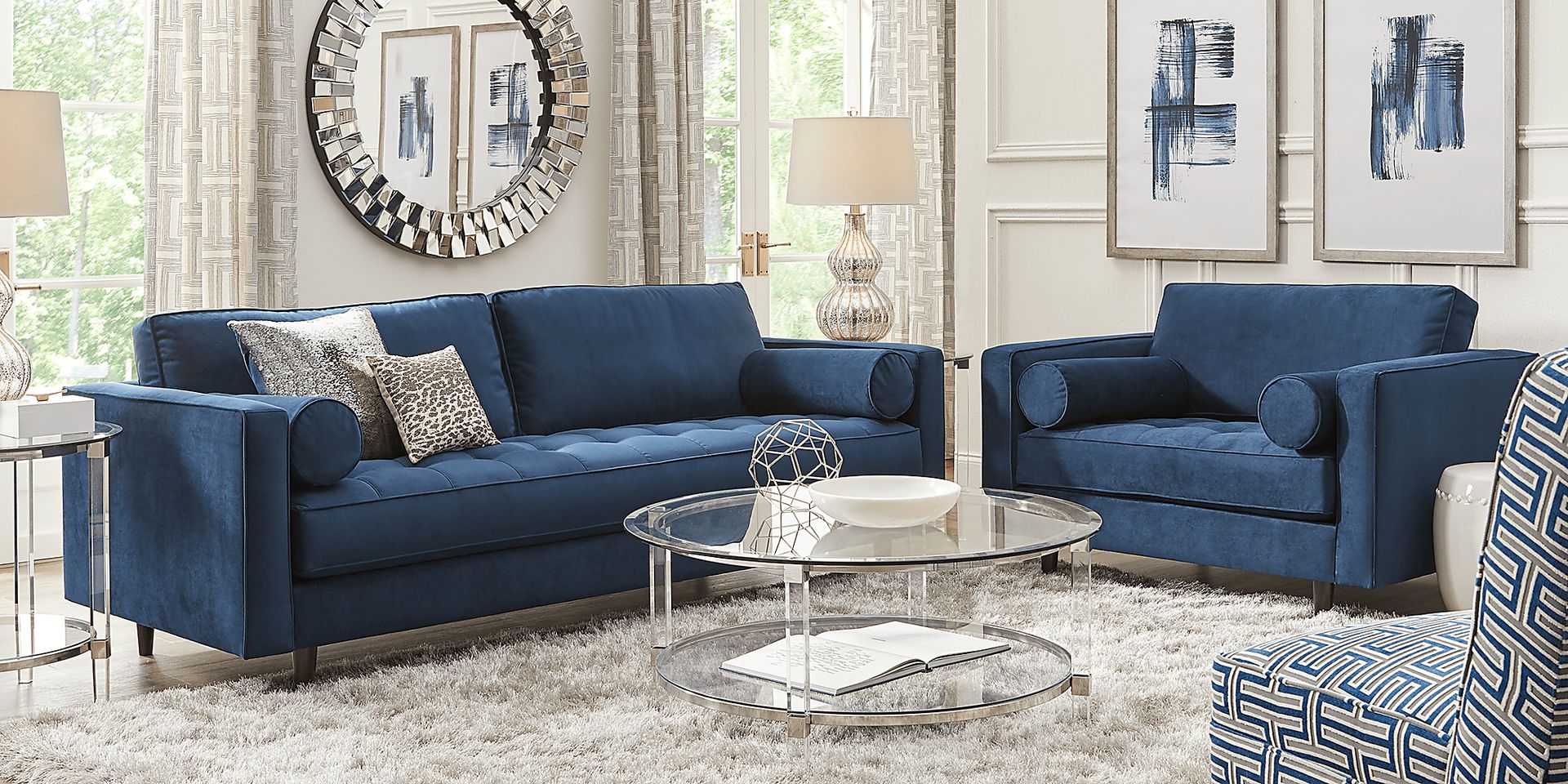 Navy blue plush sofa discount