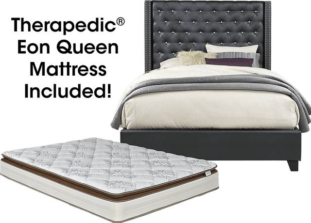 Paris Black 5 Pc Upholstered Queen Bed and Mattress Set - Thumbnail - Image 1