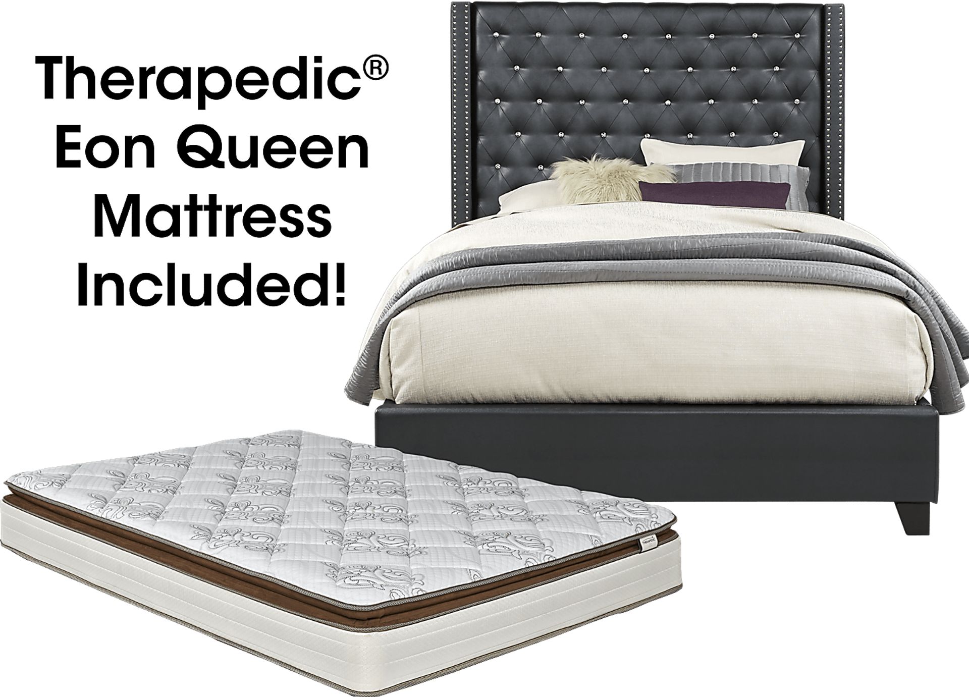 Paris Black 5 Pc Upholstered Queen Bed and Mattress Set - Image 1