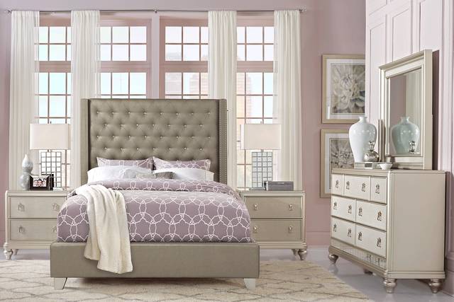 Paris Silver 5 Pc Queen Upholstered Bedroom - Thumbnail - Image 1