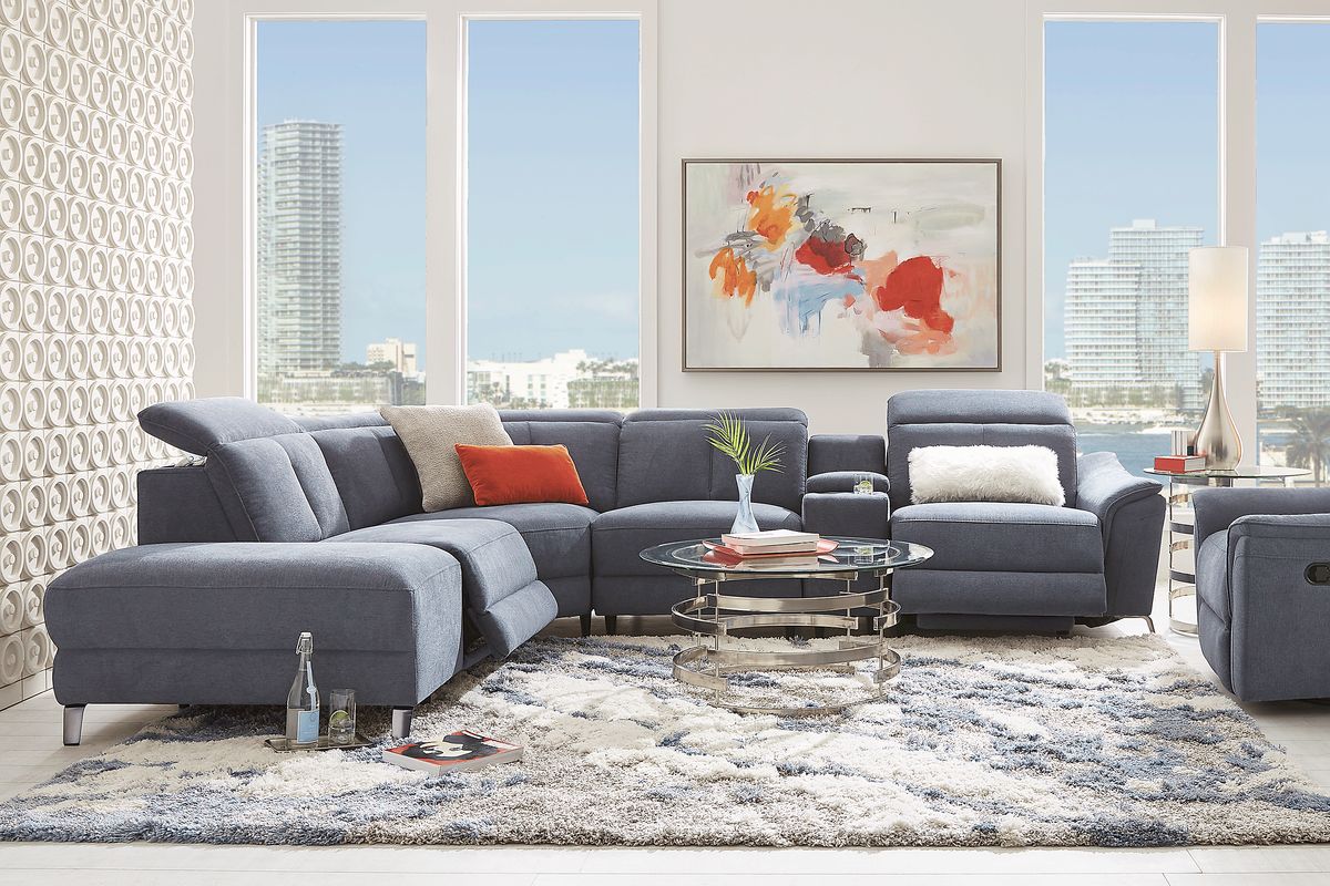 Turano Denim Blue Fabric 6 Pc Dual Power Reclining Sectional Rooms to Go