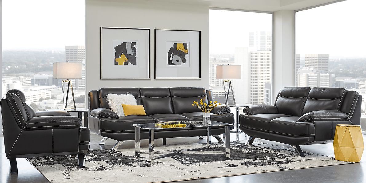 Zamora 3 Pc Black Leather Living Room Set With Sofa, Loveseat, Chair Rooms To Go