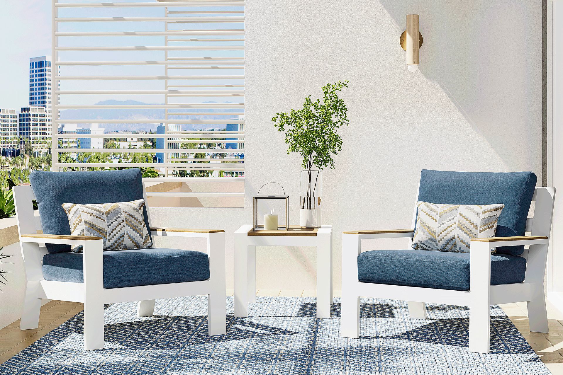 Solana White 3 Pc Outdoor Seating Set with Blueberry Cushions - Image 1