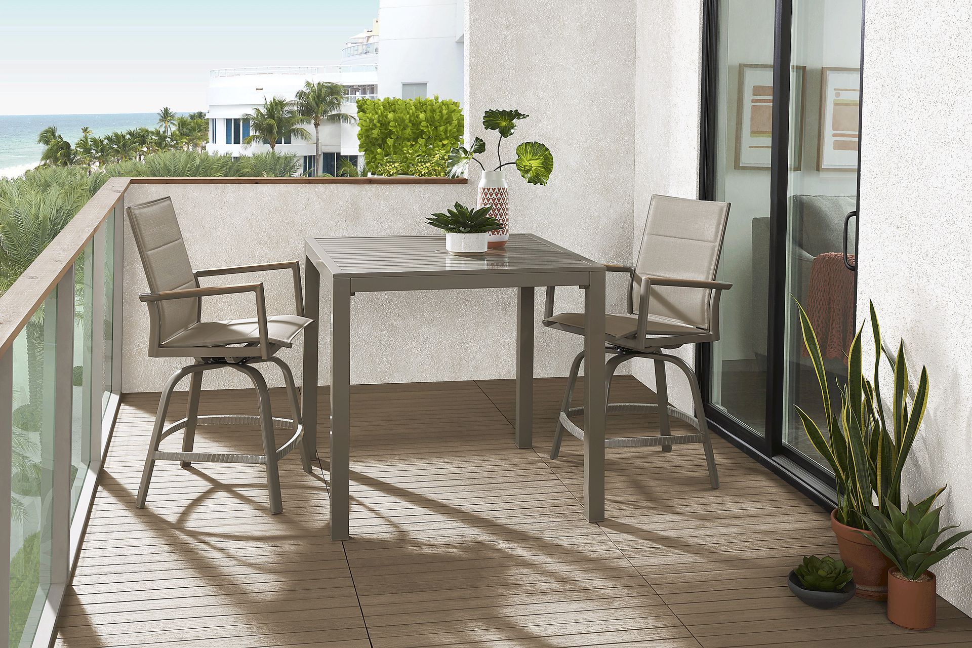 Solana Taupe 3 Pc Outdoor Balcony Dining Set with Swivel Stools - Image 1