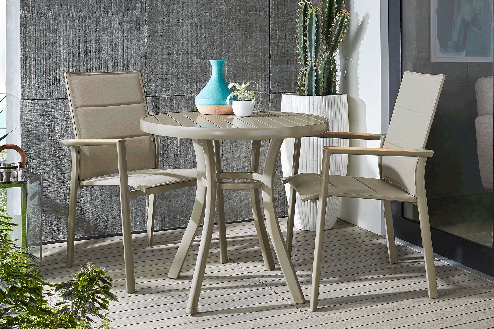 Solana Taupe 3 Pc Outdoor Dining Set with Arm Chairs - Image 1
