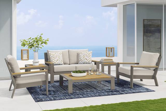 Solana Taupe 4 Pc Outdoor Loveseat Seating Set With Bisque Cushions - Thumbnail - Image 1