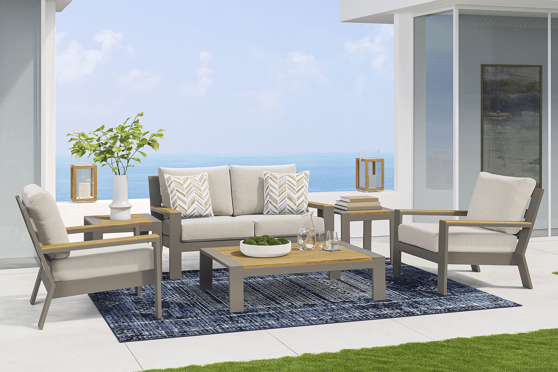 Solana Taupe 4 Pc Outdoor Loveseat Seating Set With Bisque Cushions - Image 1