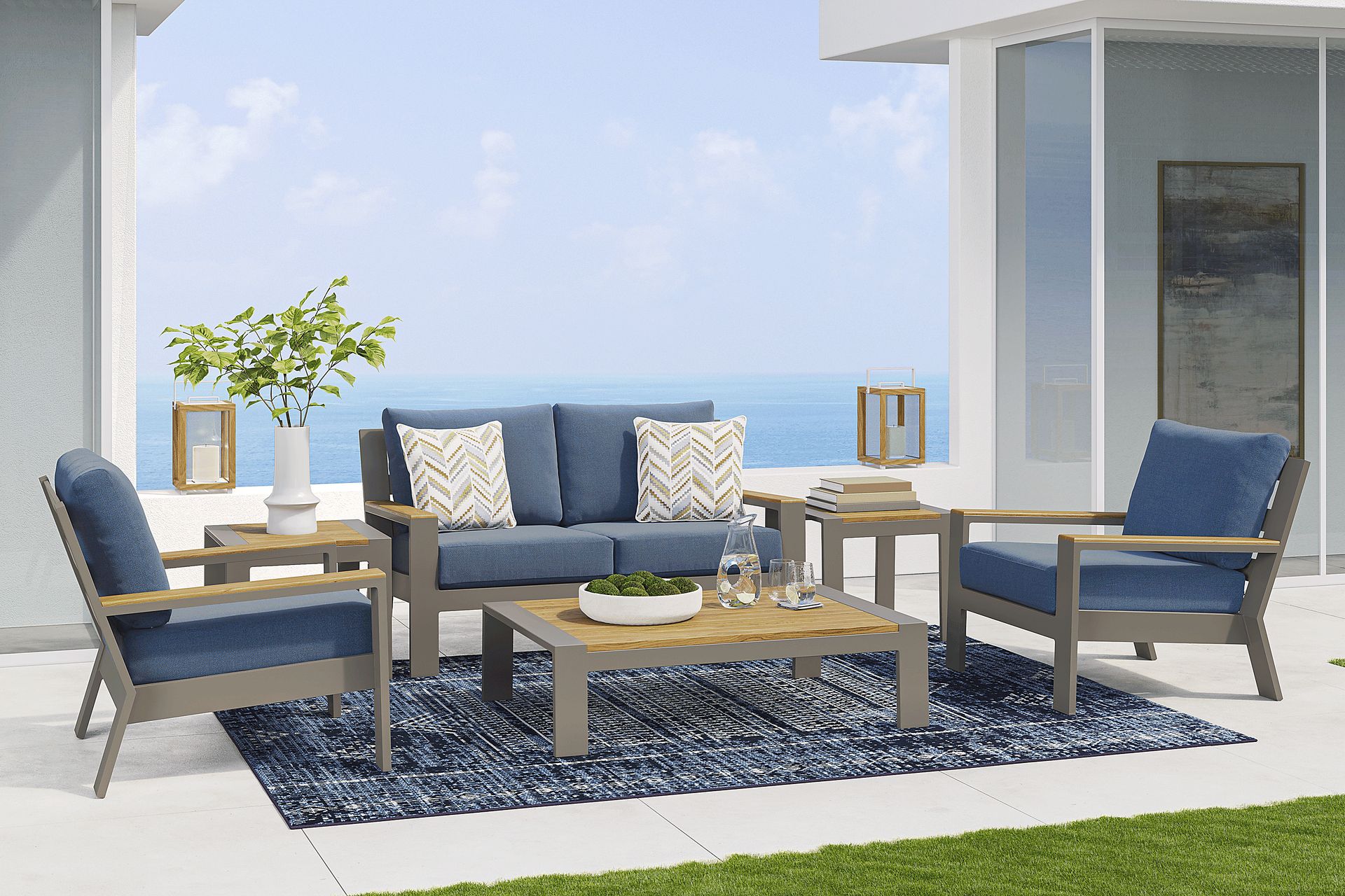 Solana Taupe 4 Pc Outdoor Loveseat Seating Set With Blueberry Cushions - Image 1