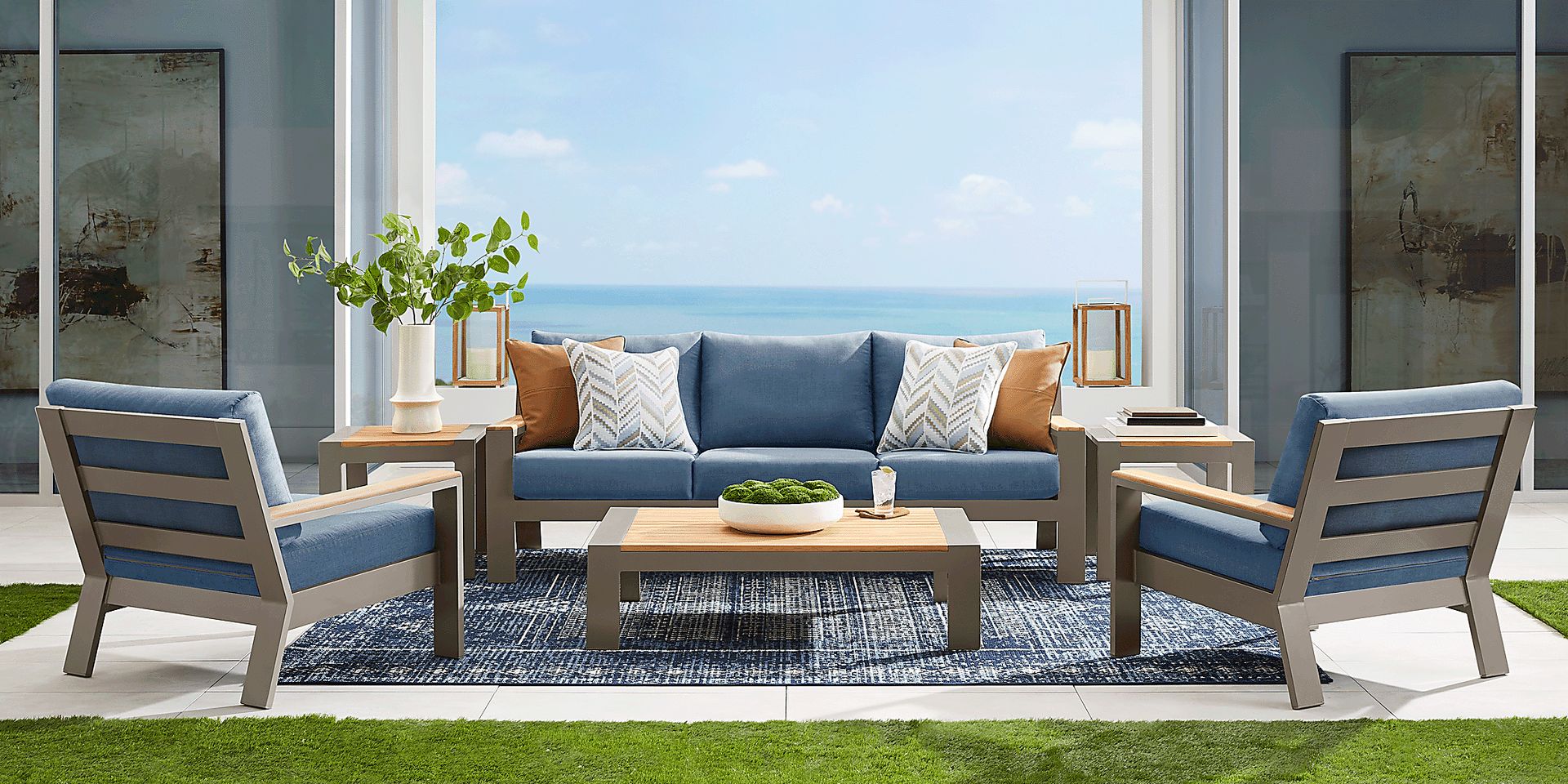Solana Taupe Outdoor Sofa with Blueberry Cushions - Image 2