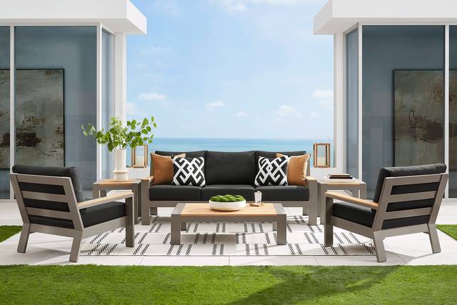 Solana Taupe Outdoor Cocktail Table with Teak Top - Thumbnail - Image 2