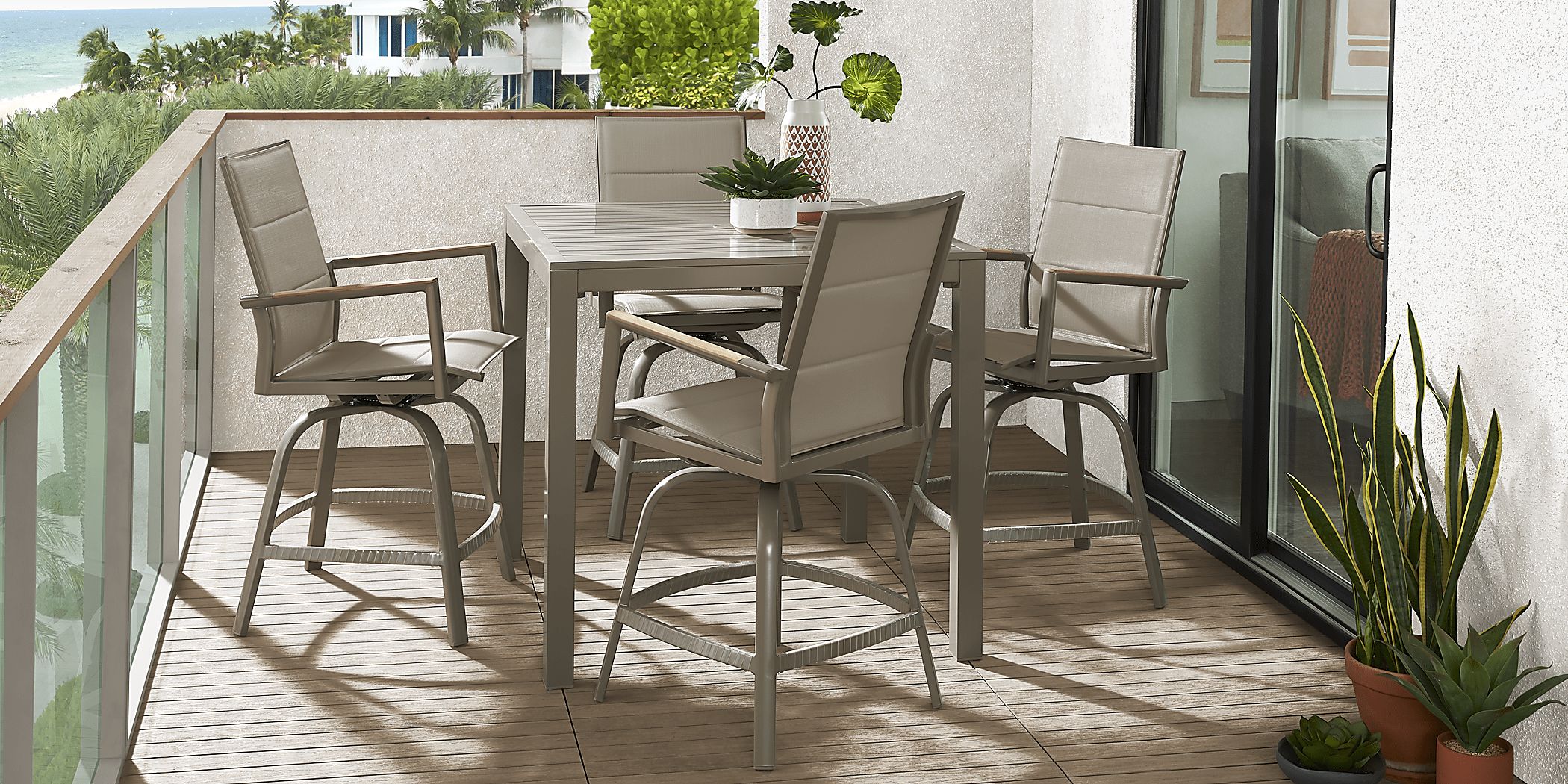 Solana Taupe 5 Pc Outdoor Balcony Dining Set with Swivel Stools Rooms
