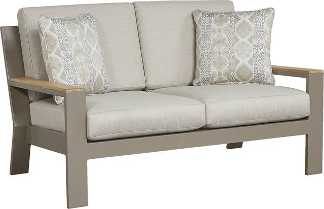 Solana Taupe Outdoor Loveseat with Beige Cushions - Thumbnail - Image 1