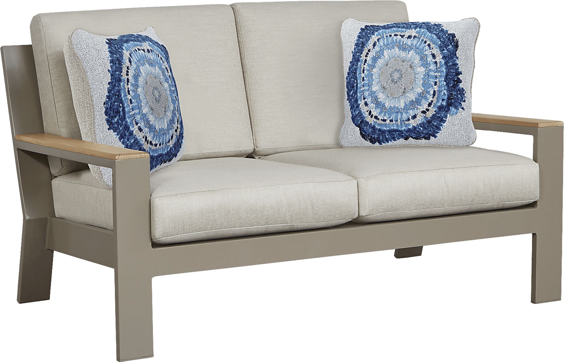 Solana Taupe Outdoor Loveseat with Beige Cushions - Image 1